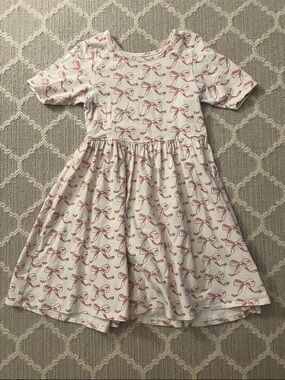 Pink Chicken Girls' White Dress with Pink Bow Print - Soft Cotton Stretch Dress